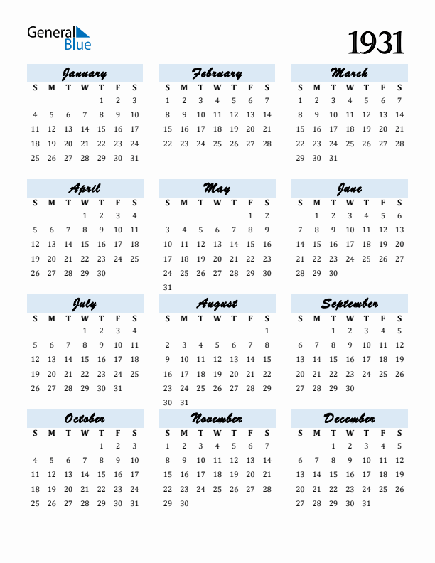 Free 1931 Calendars in PDF, Word, Excel