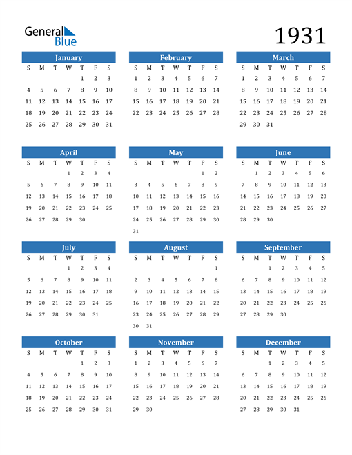 1931 Calendar (PDF, Word, Excel)