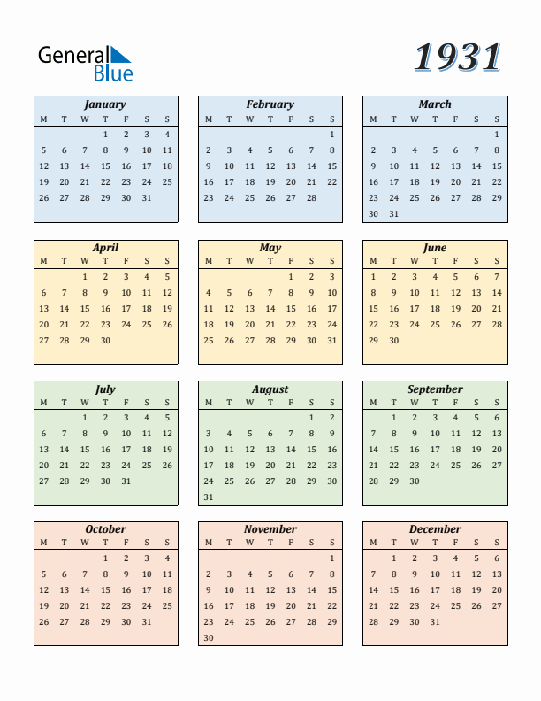 Calendar for 1931 (Monday Start)