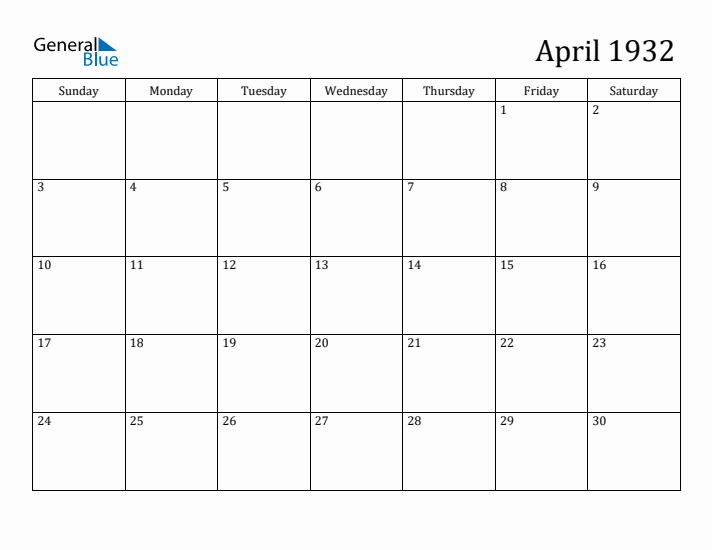 April 1932 Monthly Calendar (PDF Word Excel)