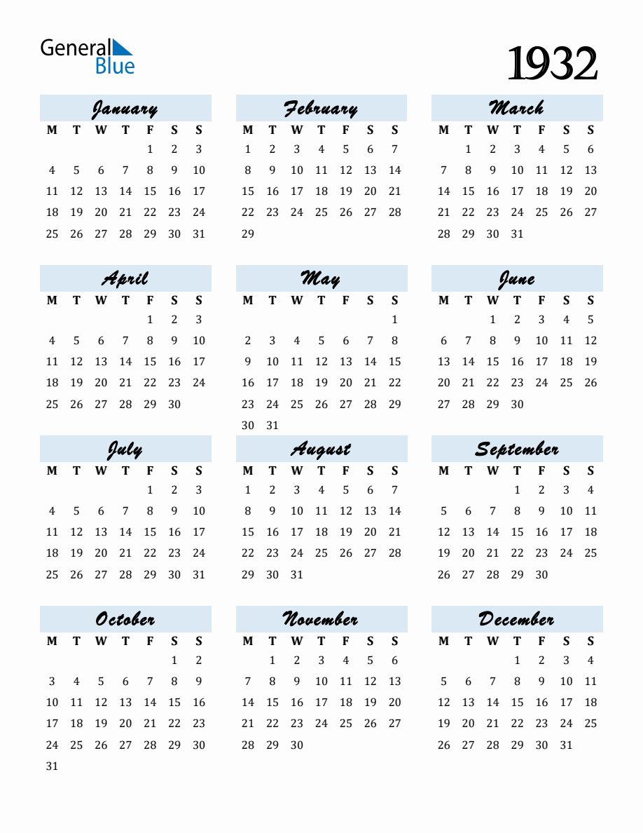 Free Downloadable Calendar for Year 1932