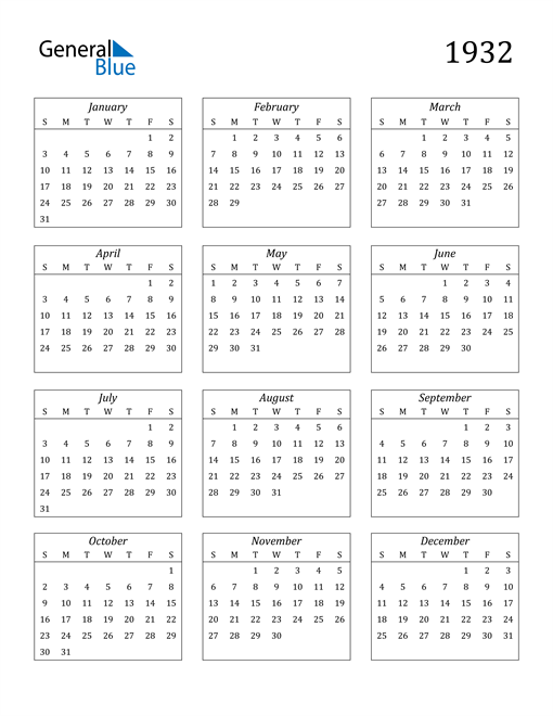 1932 Calendar (PDF, Word, Excel)