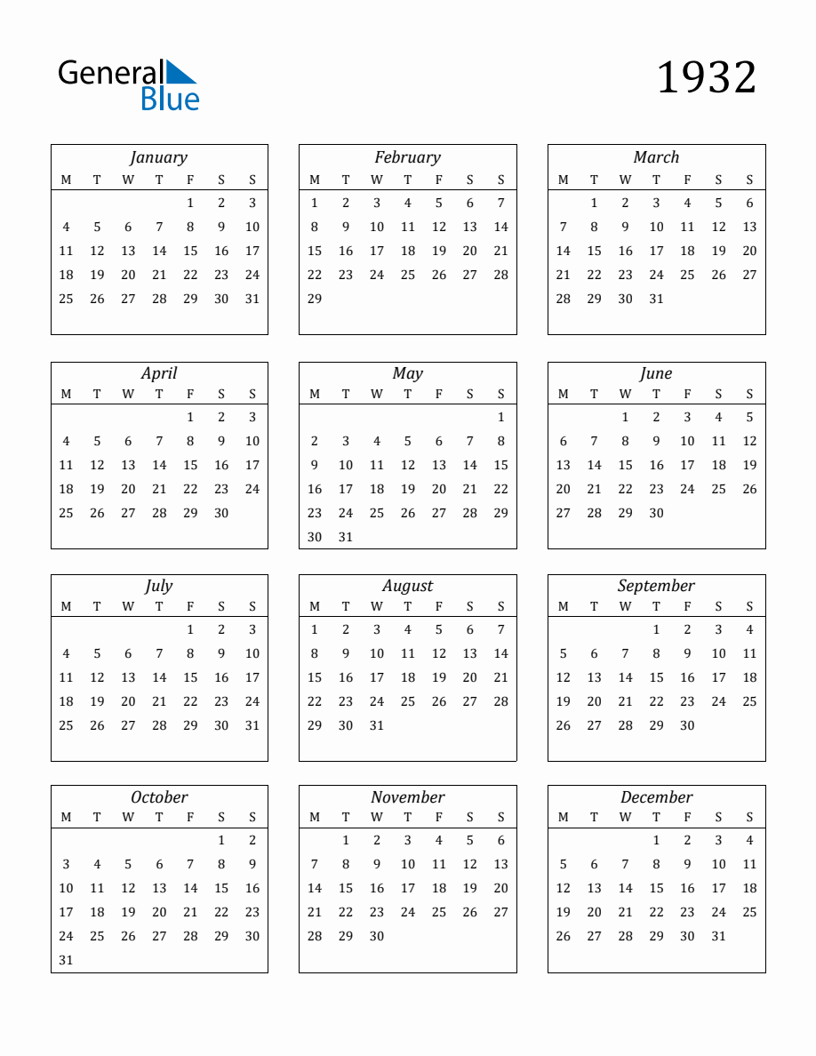 1932 Blank Yearly Calendar Printable