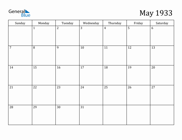 May 1933 Monthly Calendar (PDF Word Excel)