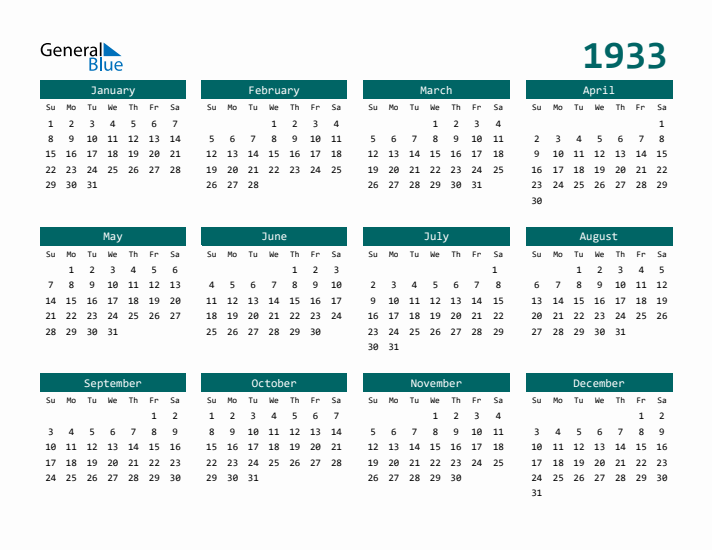 Downloadable 1933 Calendar