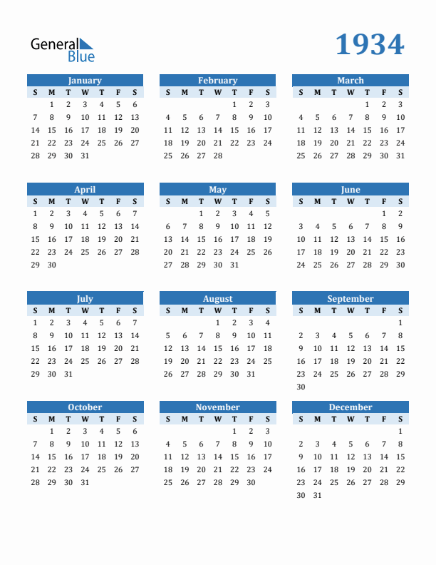 1934 Year Calendar with Sunday Start