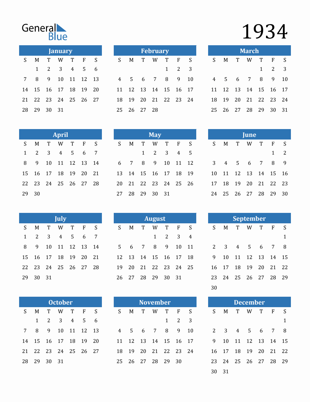 Free 1934 Calendars in PDF, Word, Excel