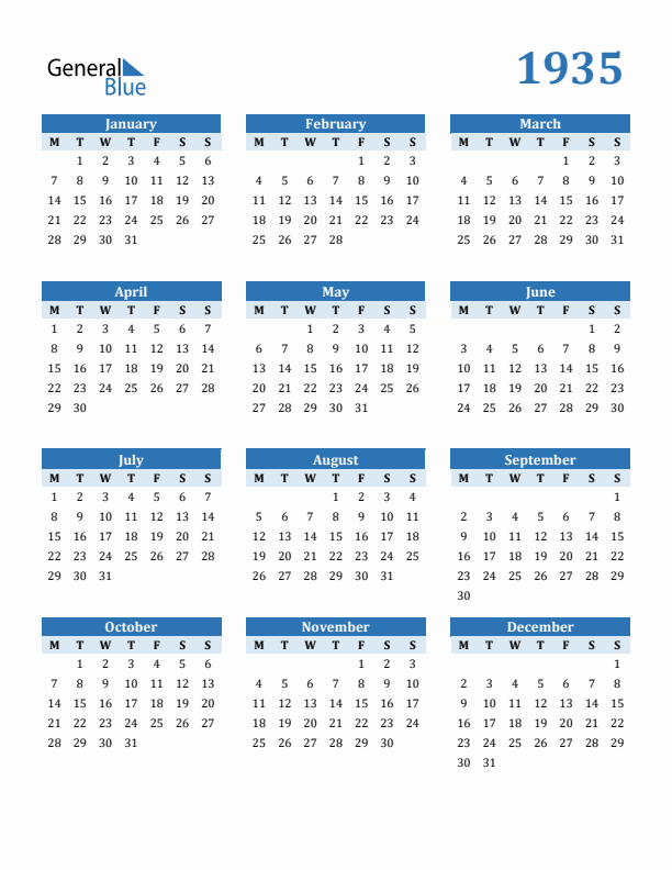 1935 Yearly Calendar Templates with Monday Start