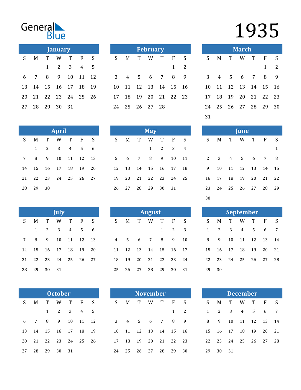 1935 Calendar (PDF, Word, Excel)