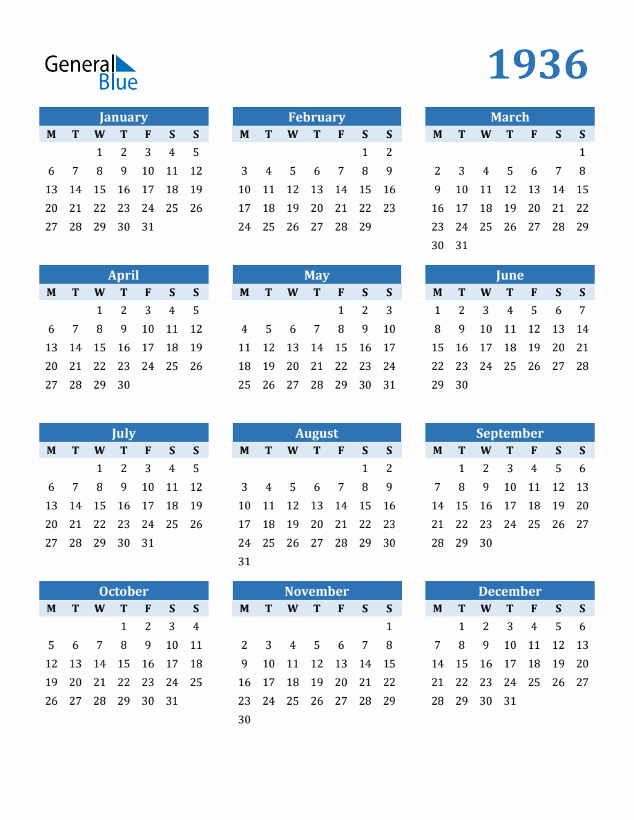 Free 1936 Year Calendar in PDF, Word, and Excel