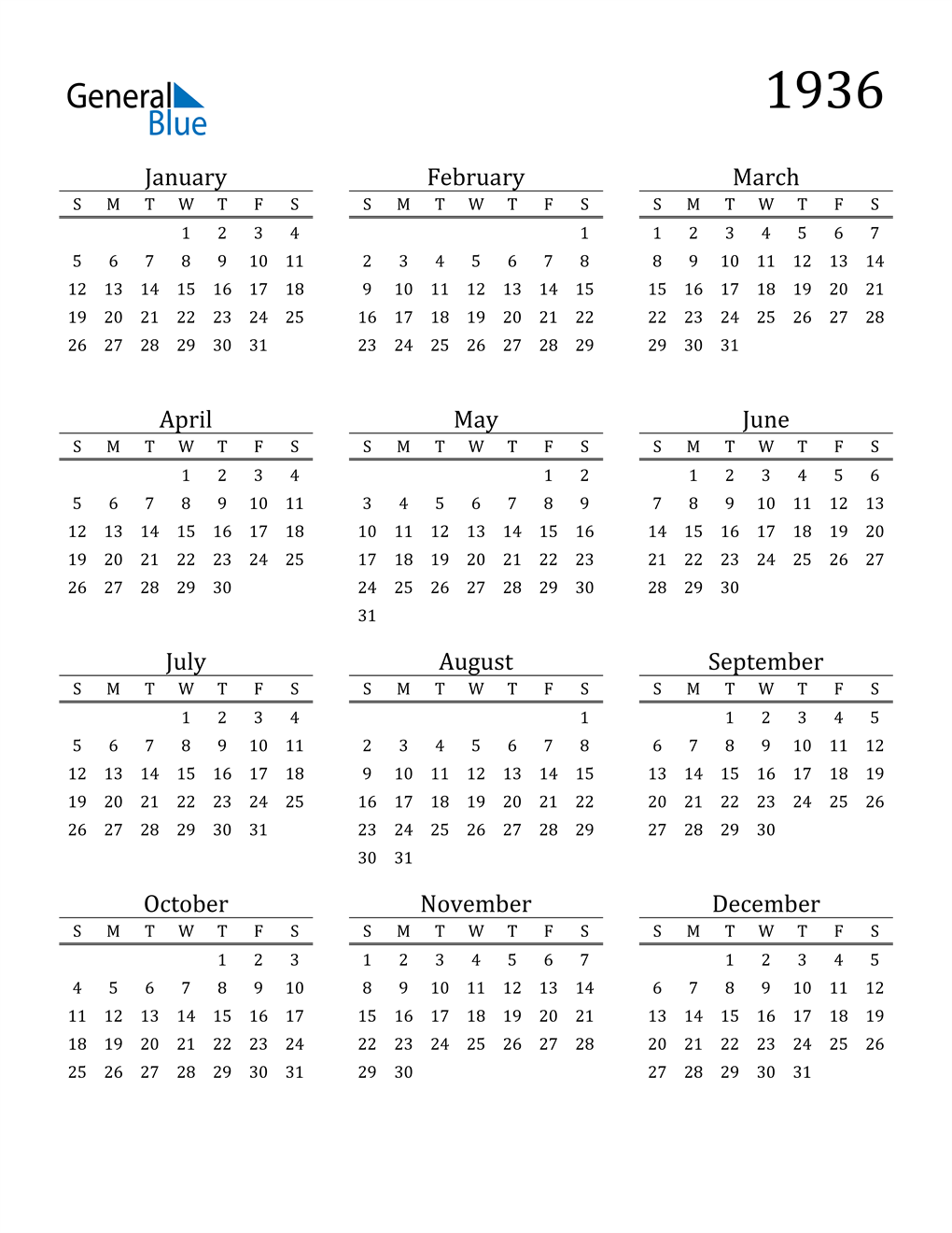 Calendar For 1936 - Printable Calendar