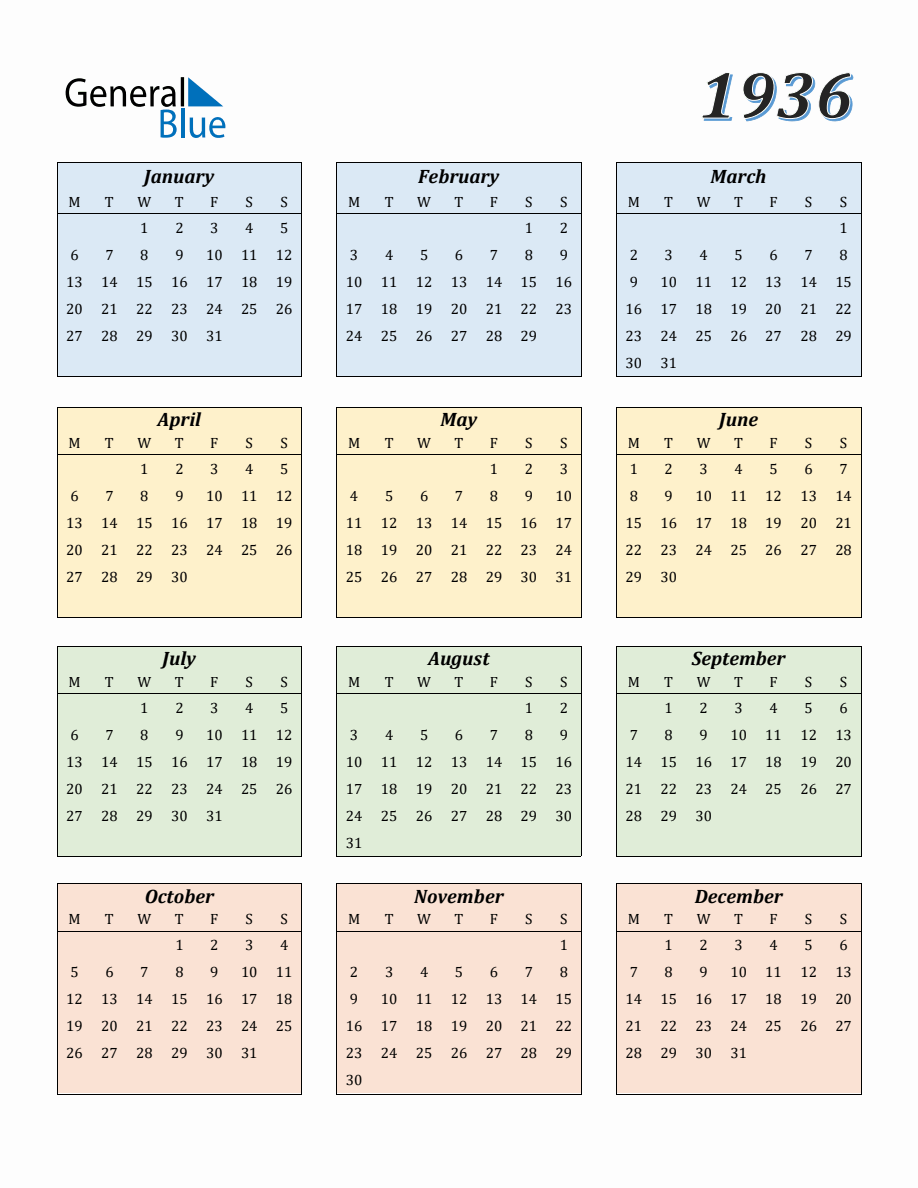 Calendar for Year 1936