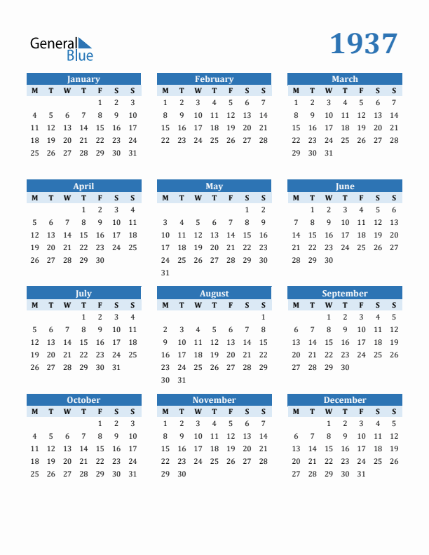 1937 Year Calendar with Monday Start