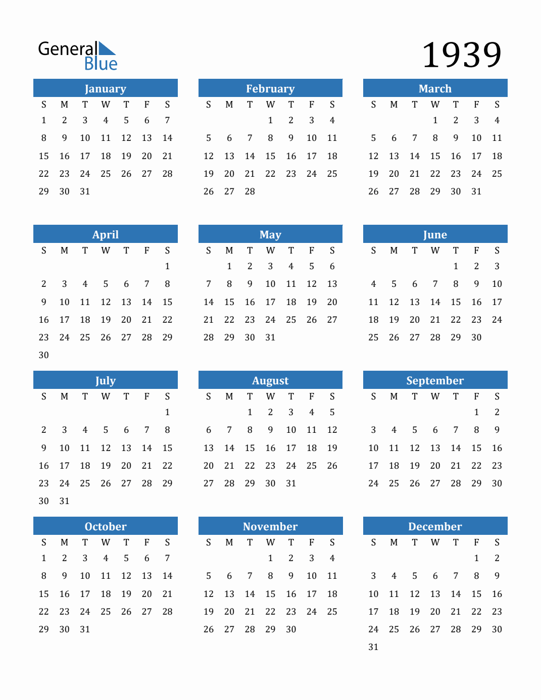 Free 1939 Calendars in PDF, Word, Excel