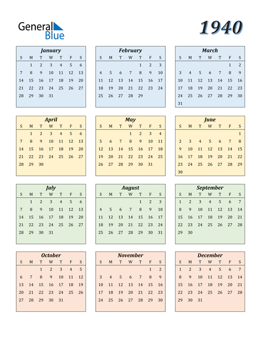 1940 Calendar (PDF, Word, Excel)