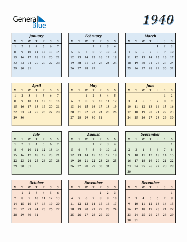 Calendar for 1940 (Monday Start)
