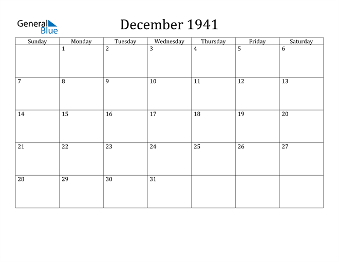 December 1941 Calendar (PDF Word Excel)