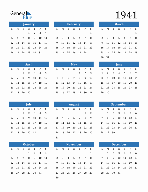 Free 1941 Calendars in PDF, Word, Excel