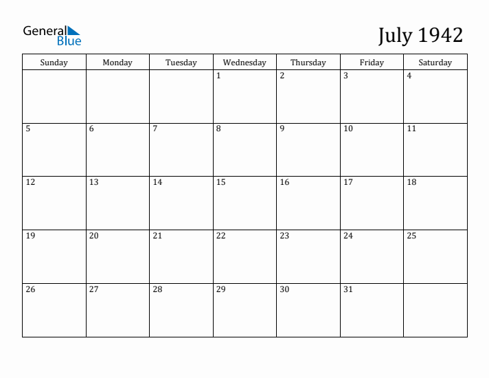 July 1942 Monthly Calendar (PDF Word Excel)