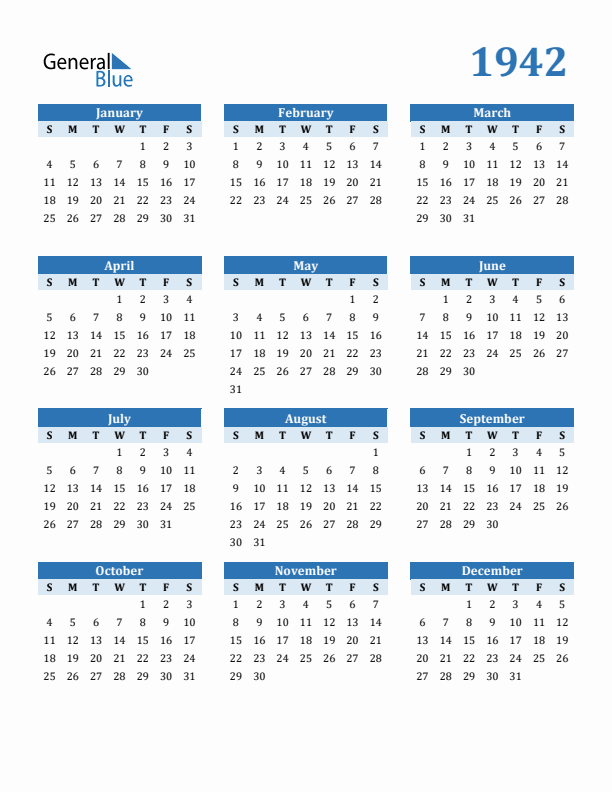 1942 Year Calendar with Sunday Start