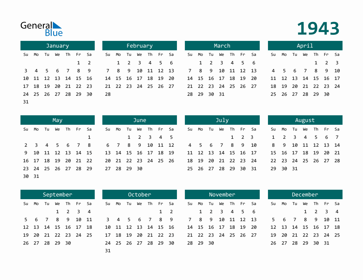 1943 Full-Year Calendar