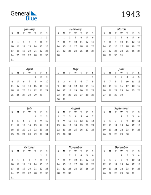 1943 Calendar (PDF, Word, Excel)