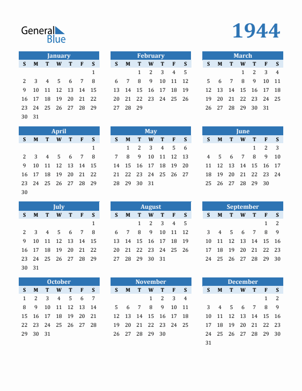 1944 Year Calendar with Sunday Start