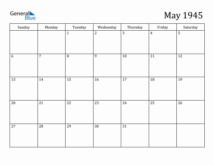 May 1945 Monthly Calendar (PDF Word Excel)