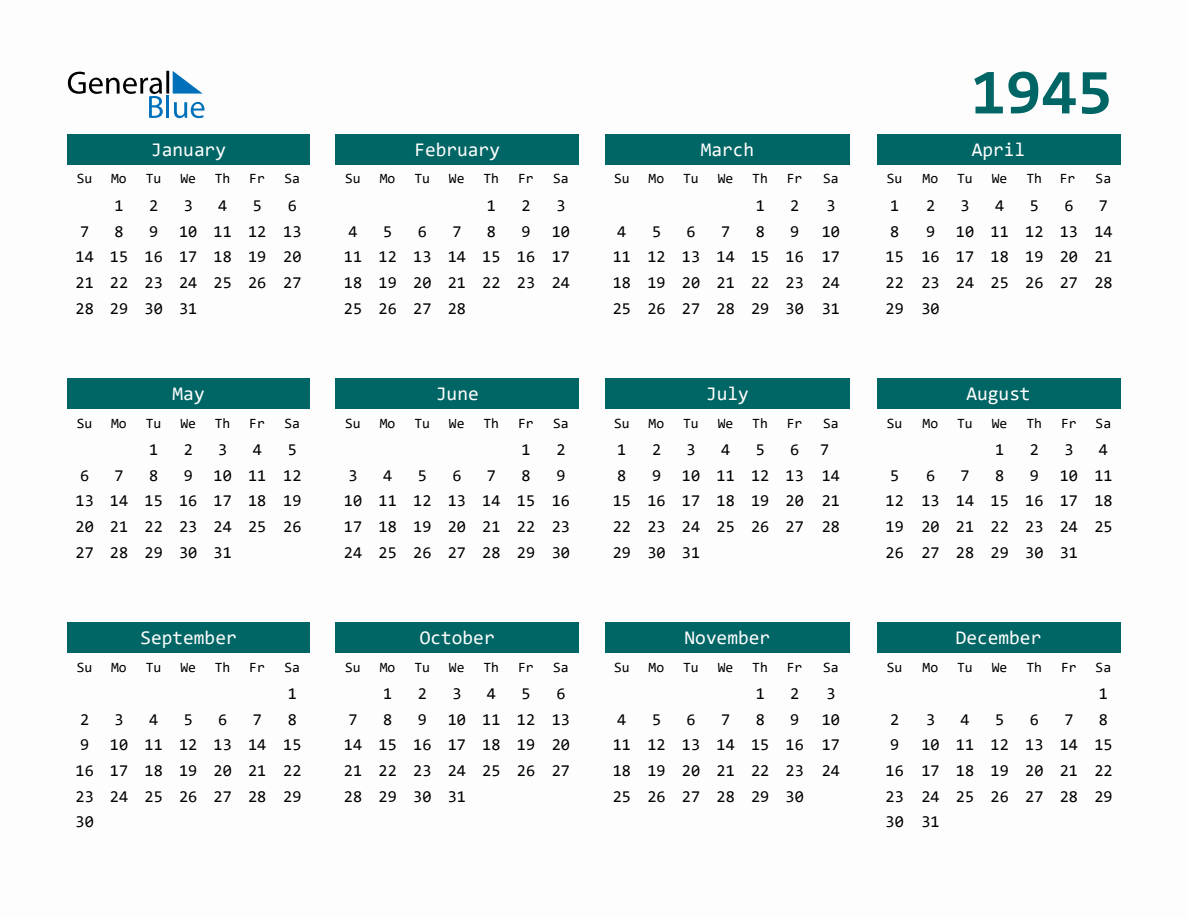 1945 Full Year Calendar
