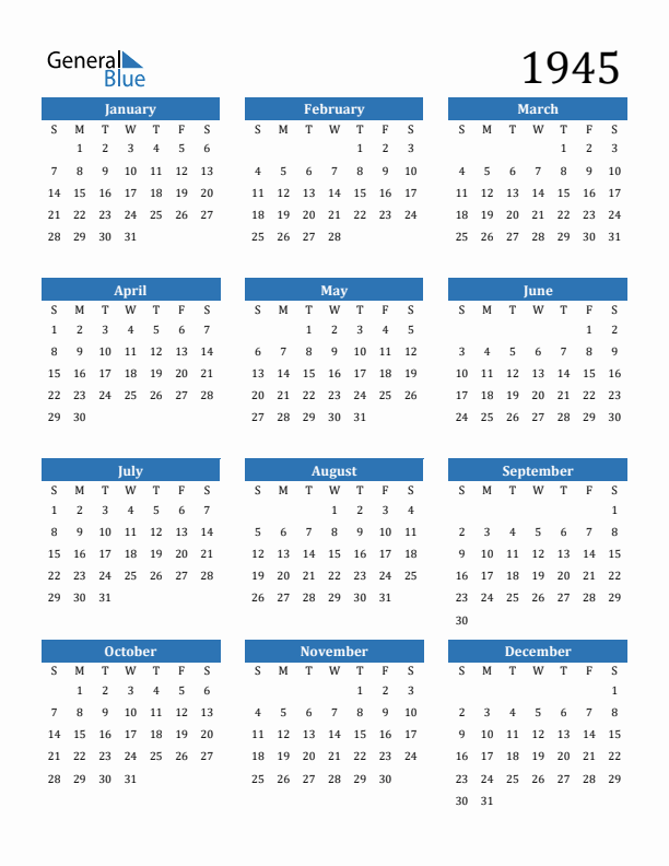 Free 1945 Calendars in PDF Word Excel