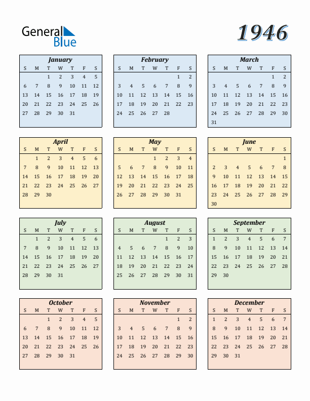 1946 Calendar (PDF, Word, Excel)