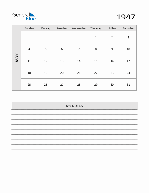 May 1947 Monthly Calendar (PDF Word Excel)