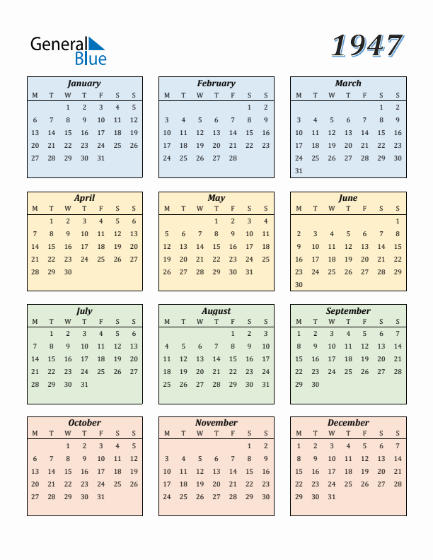 Calendar for 1947 (Monday Start)