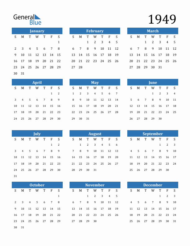 1949 Calendar (PDF, Word, Excel)