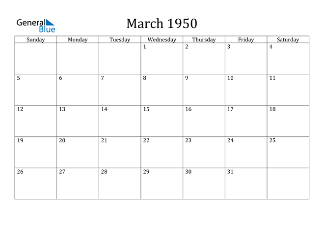 March 1950 Calendar (PDF Word Excel)