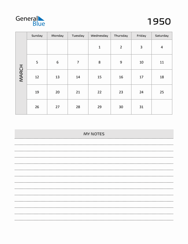 March 1950 Monthly Calendar (PDF Word Excel)