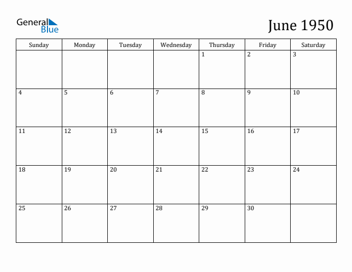June 1950 Monthly Calendar (PDF Word Excel)