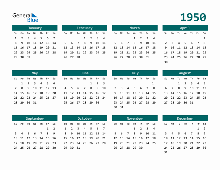Free 1950 Calendars in PDF Word Excel