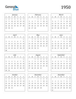 1950 Calendar (PDF Word Excel)