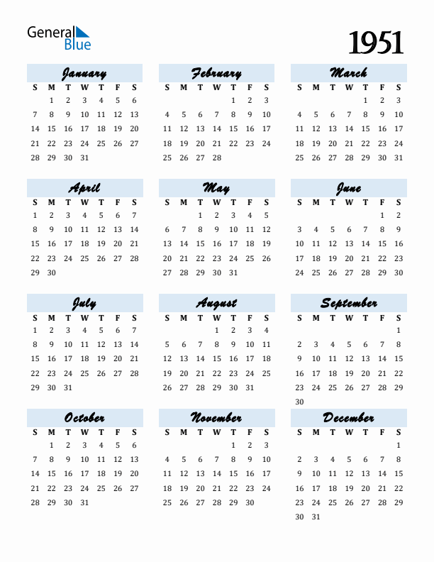 Calendar 1951 Free Download and Print