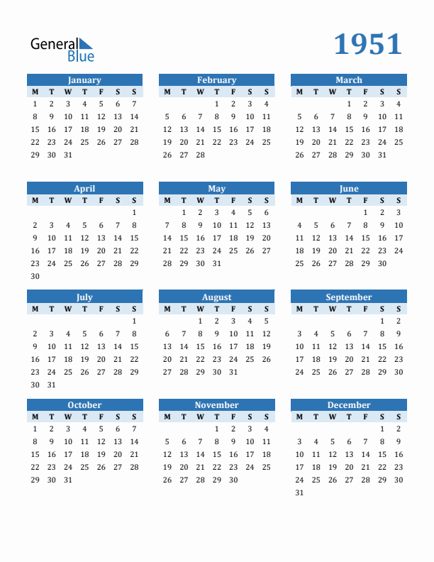 1951 Year Calendar with Monday Start