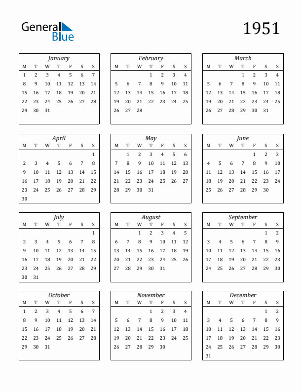 Blank Calendar 1951