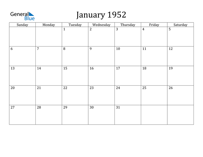 January 1952 Calendar (PDF Word Excel)
