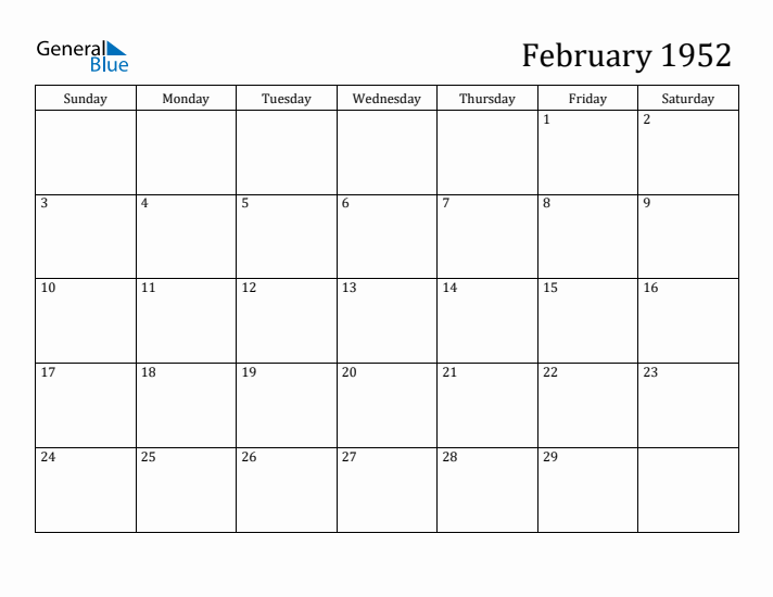February 1952 Monthly Calendar (PDF Word Excel)