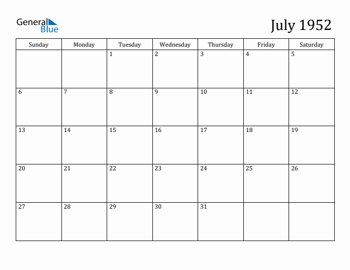 July 1952 Monthly Calendar (PDF Word Excel)