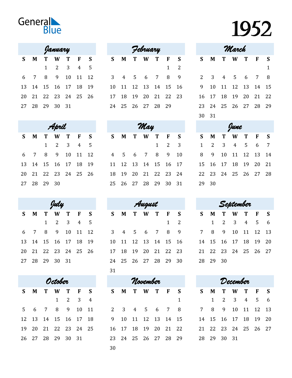 1952 Calendar (PDF, Word, Excel)