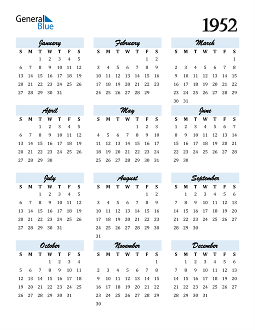 1952 Calendar (PDF Word Excel)