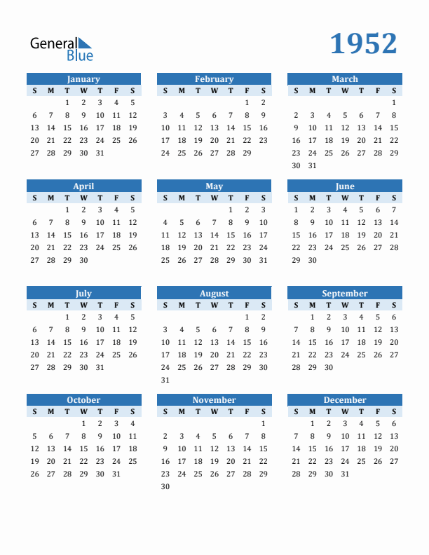 1952 Year Calendar with Sunday Start