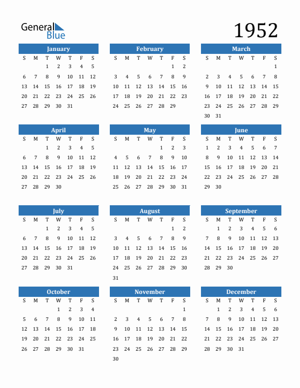Free 1952 Calendars in PDF Word Excel