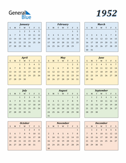 1952 Calendar (PDF Word Excel)